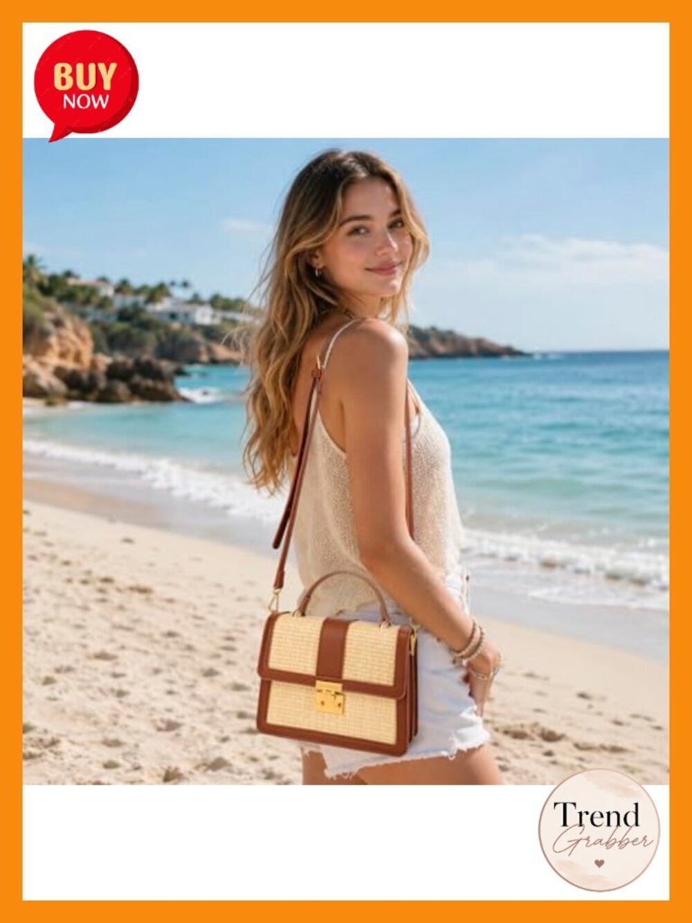 Straw Crossbody Bag with Adjustable Strap - Summer Beach Shoulder Purse - Picture 2 of 6